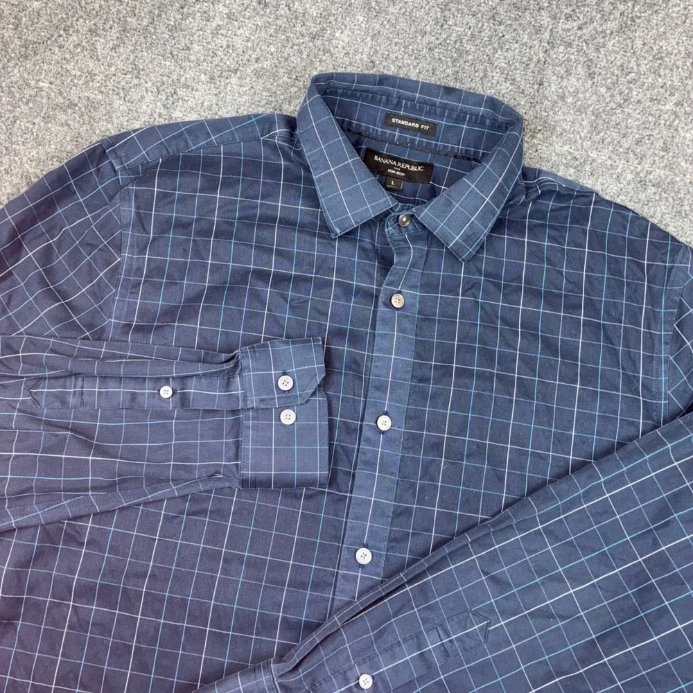 Banana Republic Mens Size Large Navy Blue Windowpane Plaid Non-Iron Dress Shirt